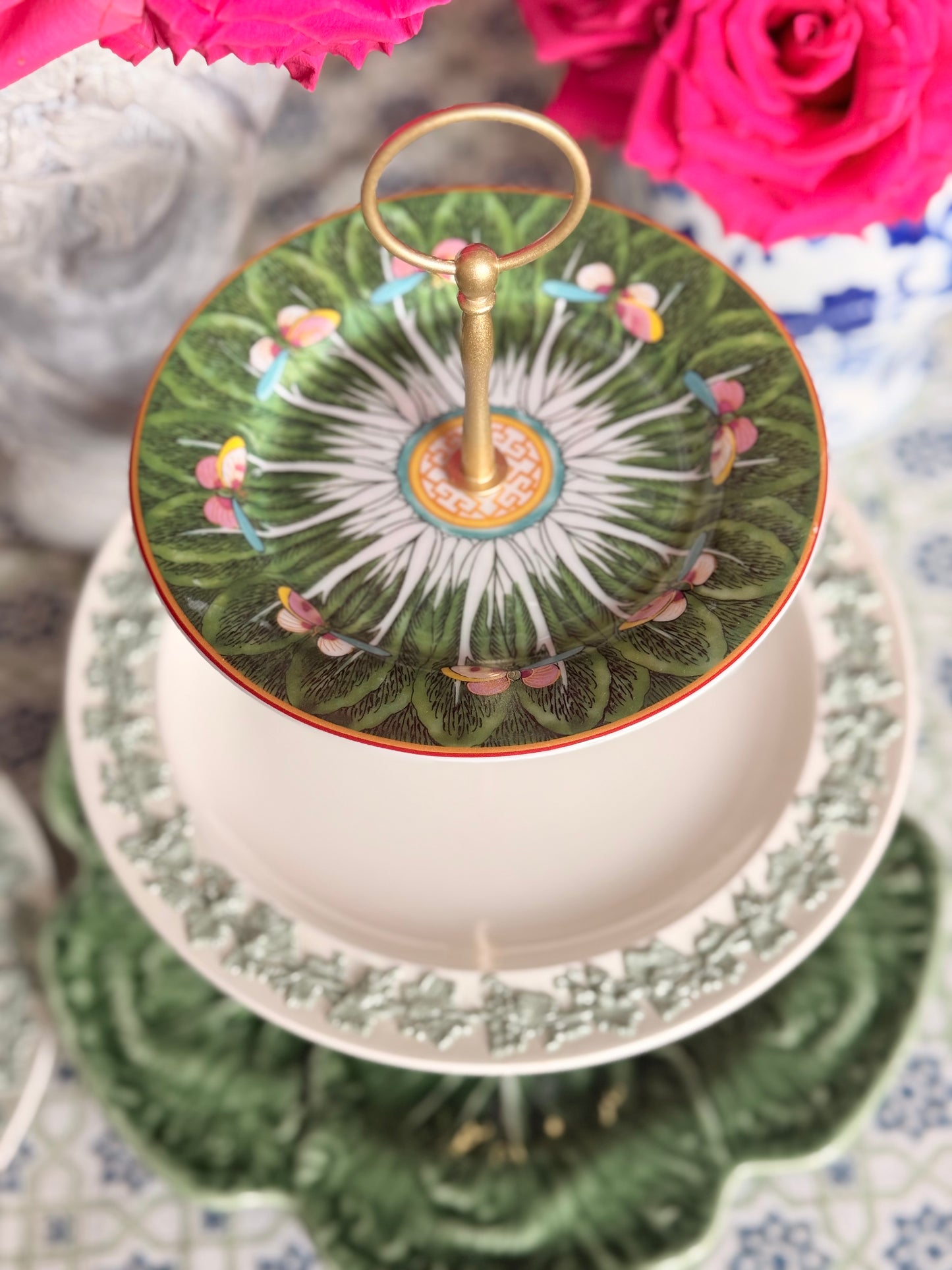 Green Bok Choy, Wedgwood Queensware and Bordallo Cabbage Three Tiered Stand (12” base)
