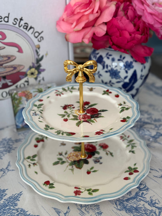 Anthropologie Camille Stoneware Two Tiered Stand – Handcrafted Floral Serving Stand (10.5” base)