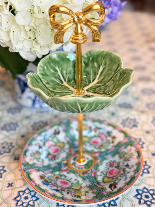 Bordallo Cabbage and Famille Rose Petite Tiered Stand