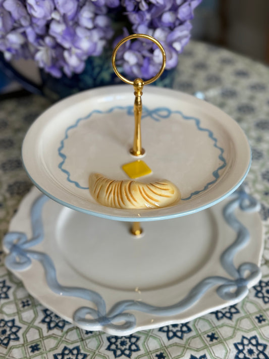 Anthropologie Blue Benedita Bows Two-Tier Tiered Stand with Croissant Plate | French-Inspired Dessert Stand