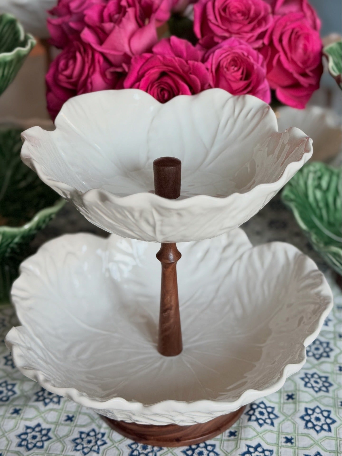 Bordallo Pinheiro Cream Cabbage Tiered Stand with Artisan Wood Base | Elegant Fruit Stand & Kitchen Counter Decor (12” base bowl)
