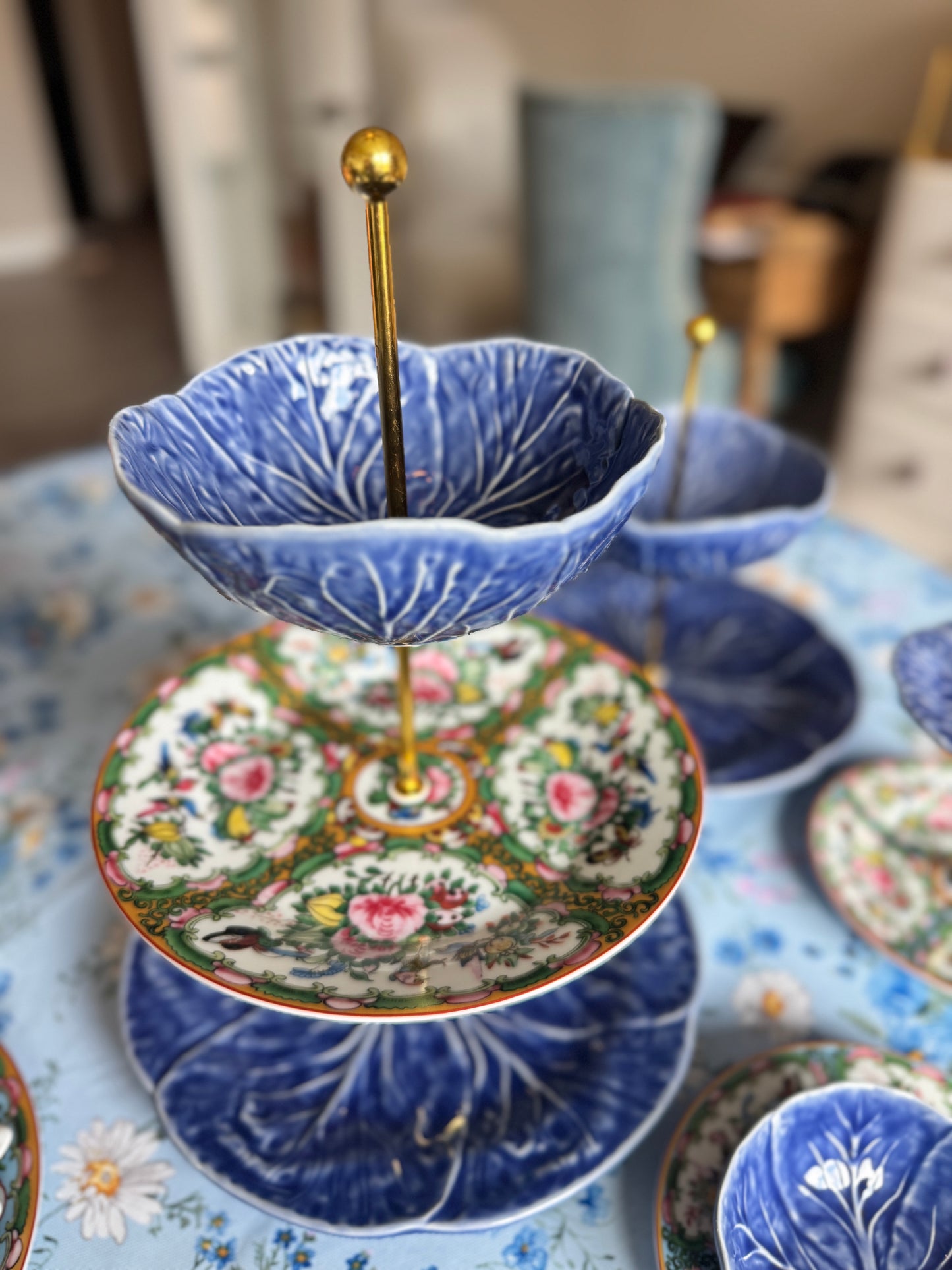 Three-Tier Blue Cabbageware and Rose Canton Dessert Stand