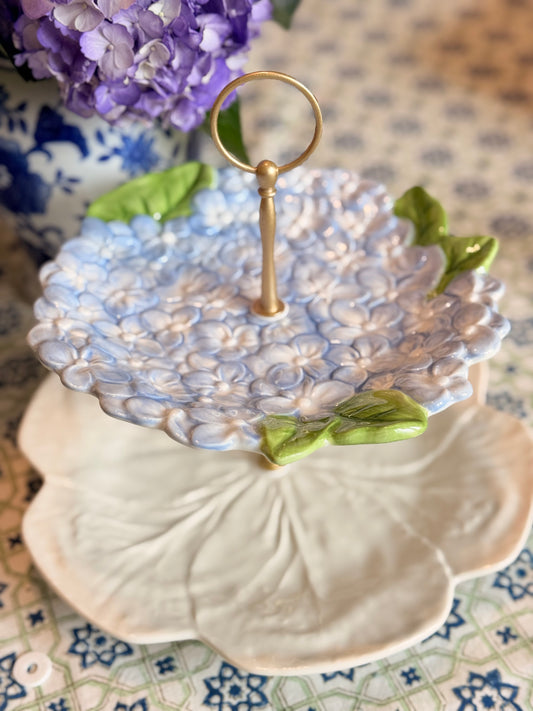Bordallo Beige Cabbage and Hydrangea Two Tiered Stand | Blue Floral Serving Stand