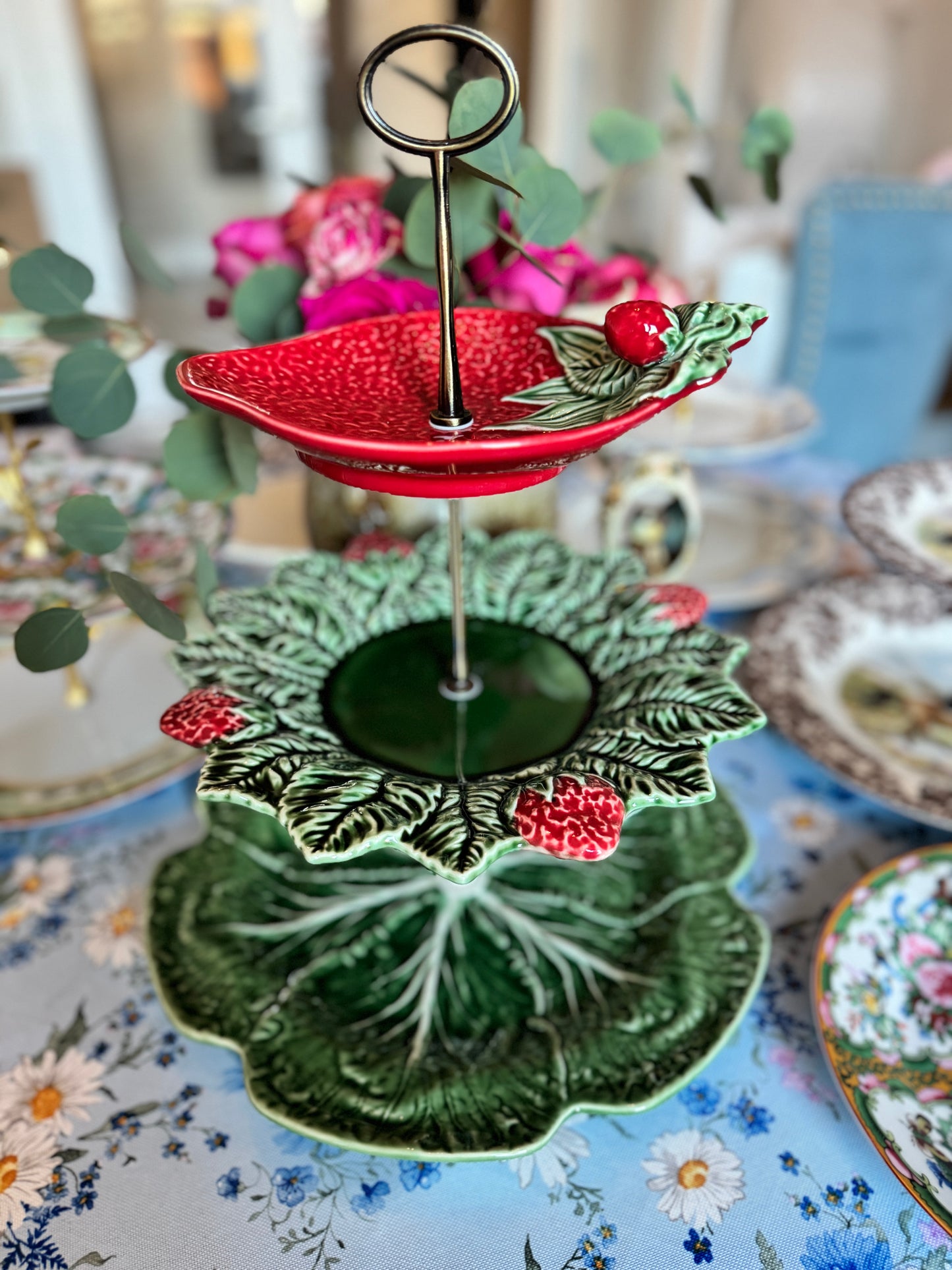 Bordallo Pinheiro Strawberry Three Tiered Stand with 12” Cabbage 🥬 base