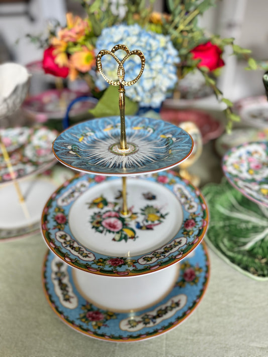 Williams Sonoma Famille Rose Three Tiered Serving Stand- Blue Bok Choy