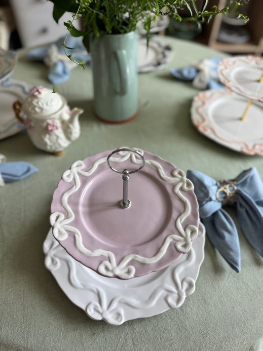 Anthropologie Benedita Bow Two-Tier Stand – Lilac & White Plates with Gold Bow Handle