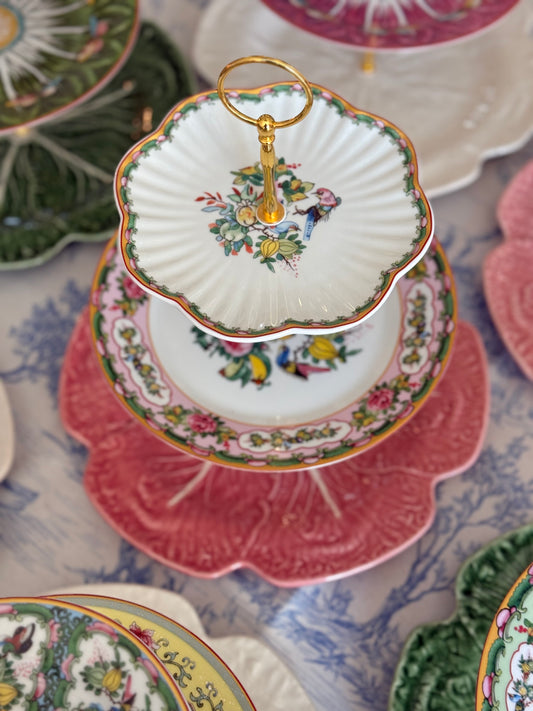 Pink Bordallo Cabbage and Famille Rose Three Tiered Tray
