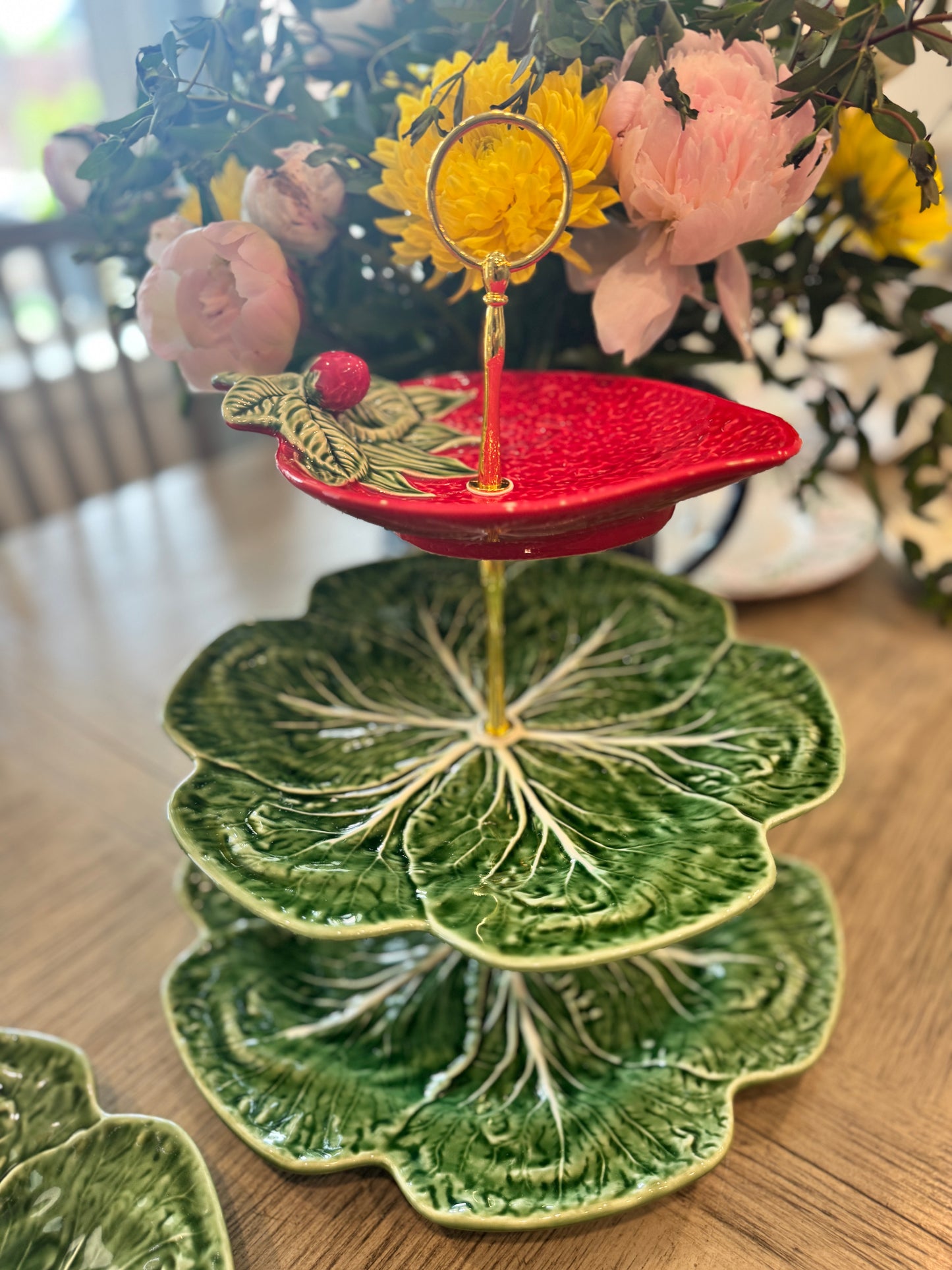 Three Tier Bordallo Cabbage Stand with Strawberry Plate – Handcrafted Botanical Serving Tray