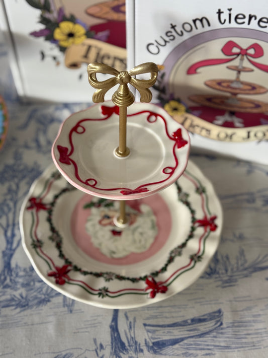 Sweet Christmas Pink Santa Tiered Stand - Two Tier Holiday Tray