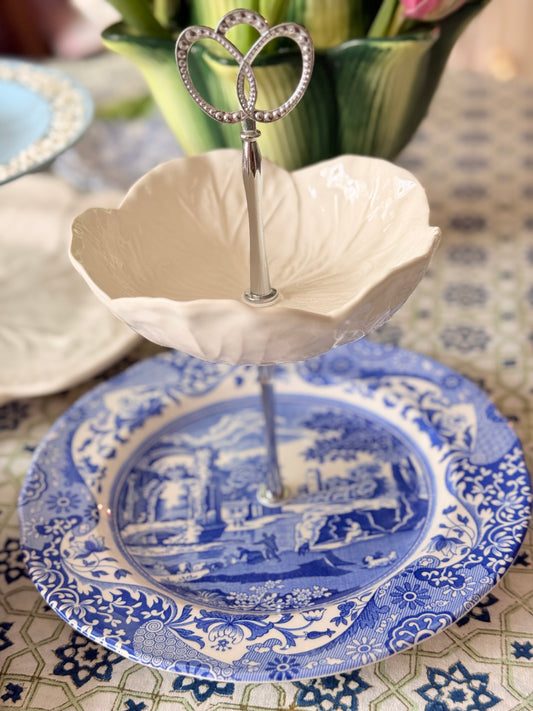 Spode Blue Italian and Bordallo Cabbage Two Tiered Serving Stand