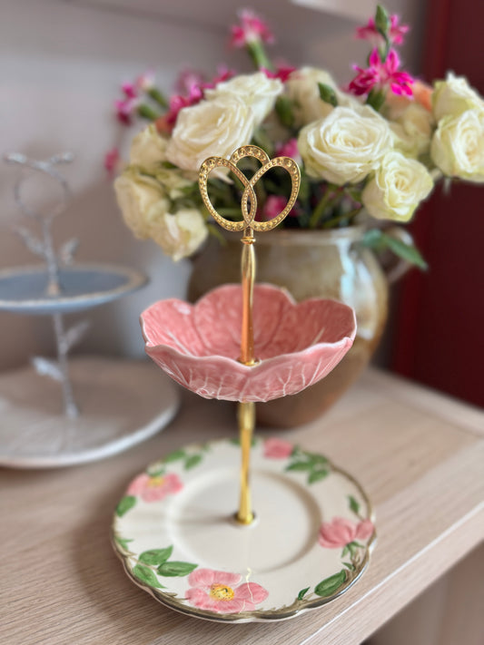 Bordallo Pink Cabbage bowl and Franciscan Desert Rose Petite Tiered Stand