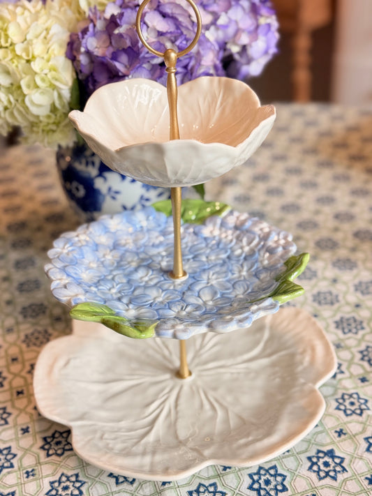 Bordallo Beige Cabbage and Hydrangea Three Tiered Stand | Blue Floral Serving Stand