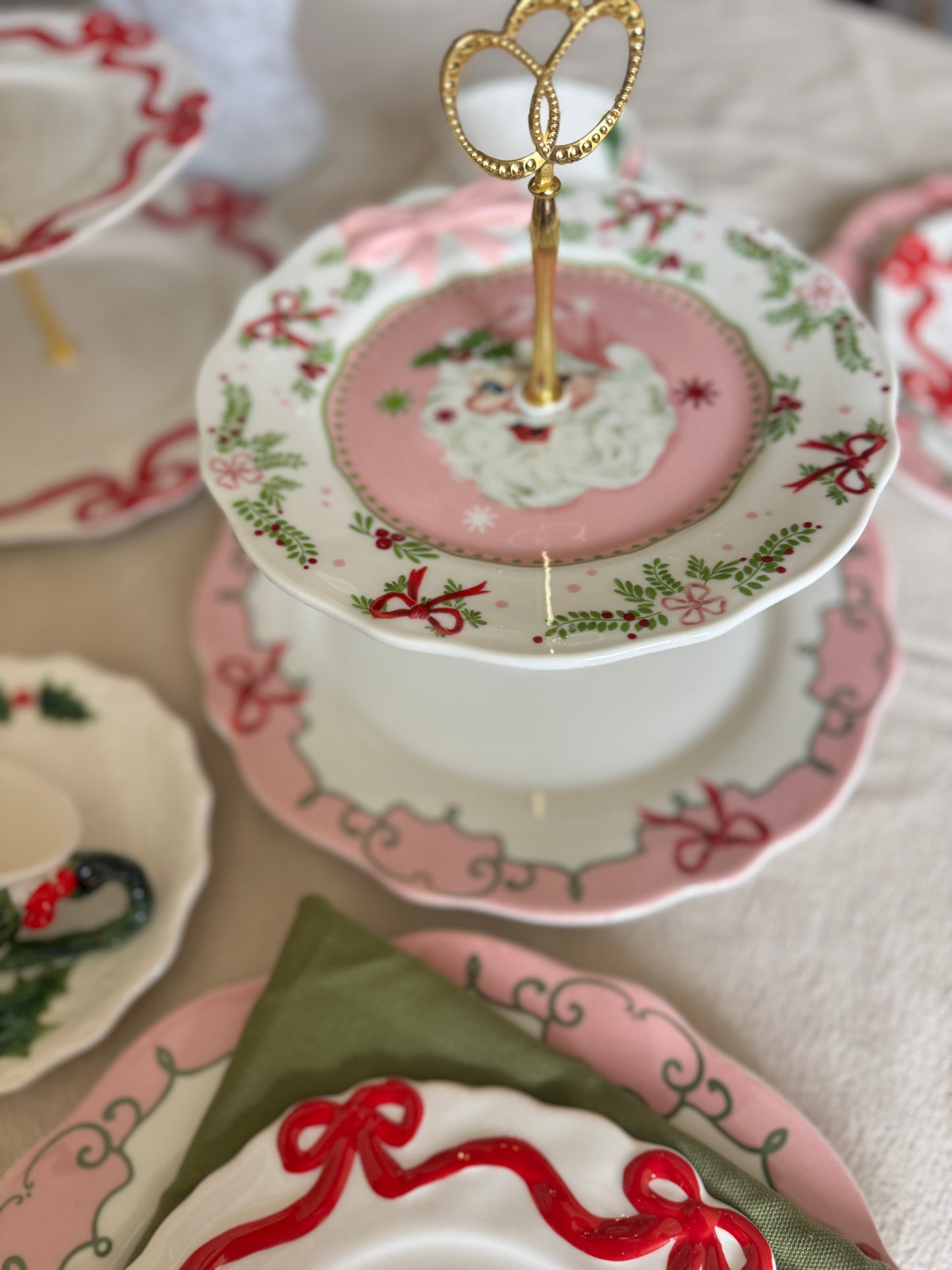 Sweet Christmas Pink Santa Two Tiered Stand