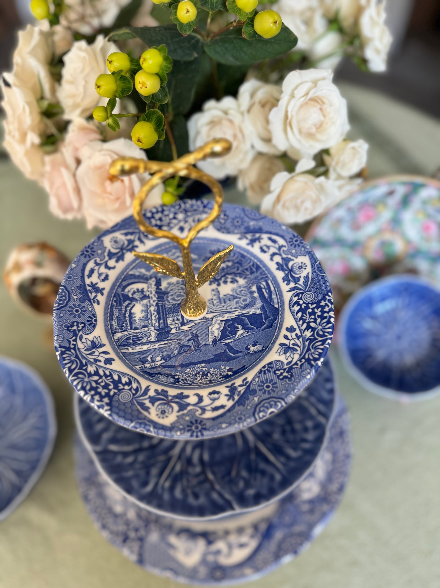 Spode Blue Italian and Blue Cabbageware Three Tiered Stand