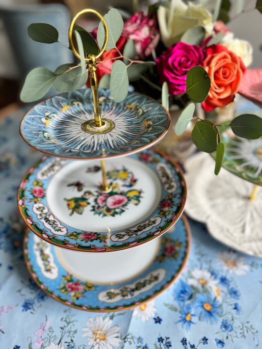 Blue Bok Choy and Williams Sonoma Famille Rose 3-Tier Stand – Elegant Floral Dessert Tower for Entertaining