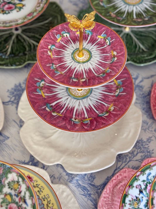 Famille Rose (Pink Bok Choy) and Bordallo Beige Cabbage Three Tiered Stand