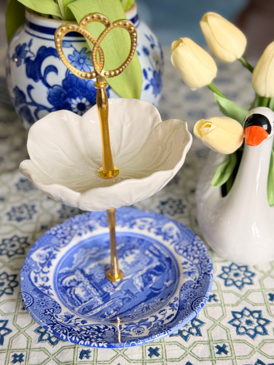 Spode Blue Italian and Bordallo Cabbage Petite Tiered Stand (6.5” base)