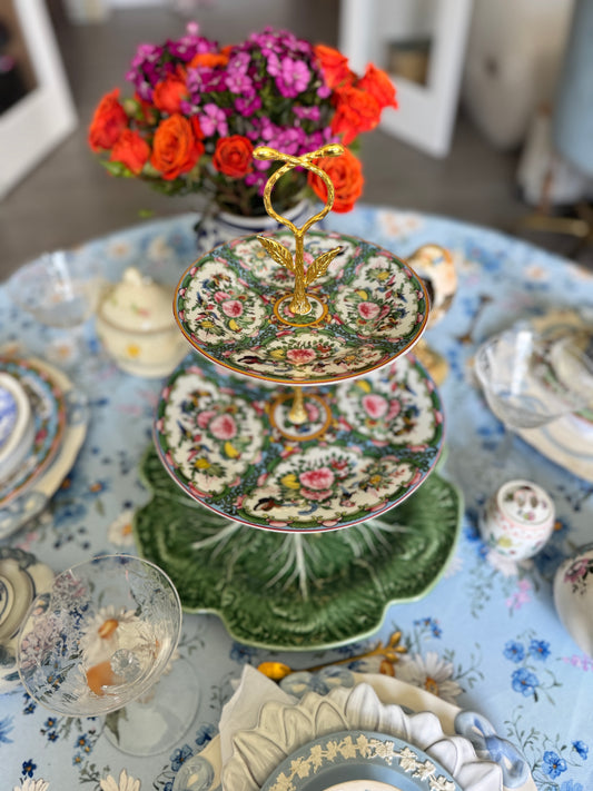 Famille Rose Three Tiered Stand with Bordallo Cabbage Base – Handcrafted Floral Dessert Server