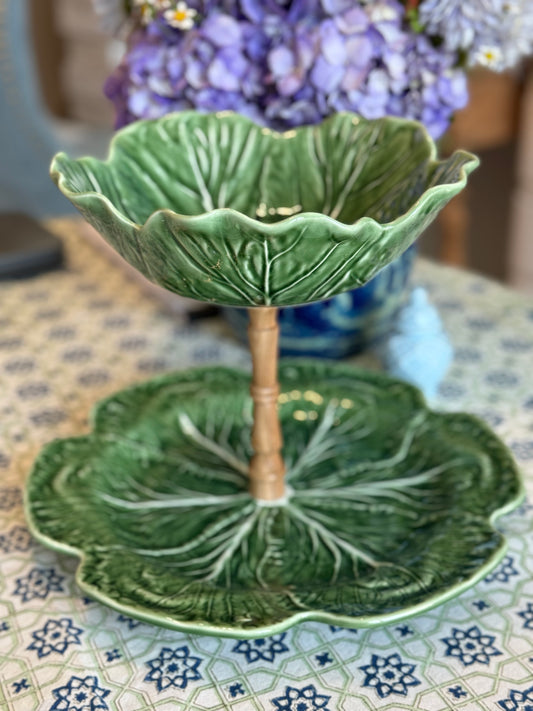 Bordallo Pinheiro Cabbageware Tiered Stand (9.5 inch top and 12 inch base)