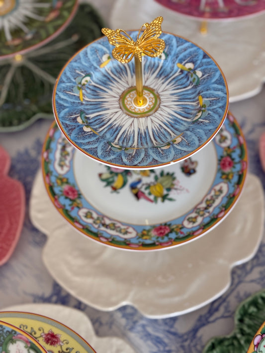 Famille Rose (Blue Bok Choy) and Bordallo Beige Cabbage Three Tiered Stand