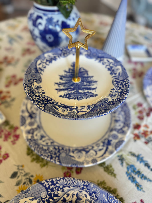Spode Blue Italian Christmas Tiered Stand – Two-Tier Holiday Serving Tray