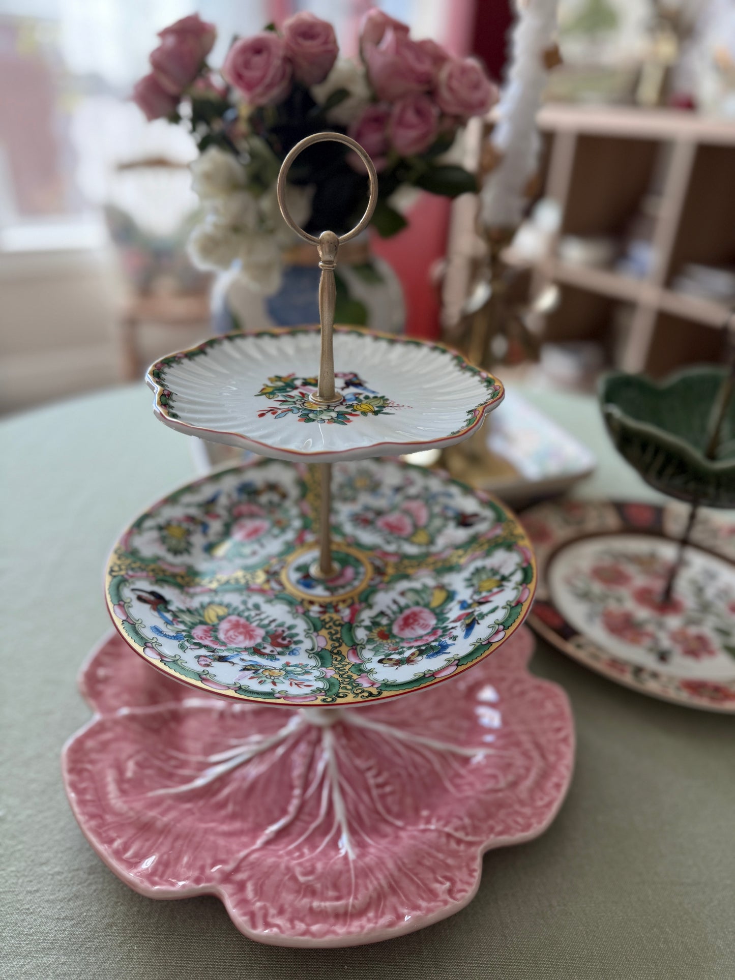 Famille Rose and Bordallo Pink Cabbage Three Tiered Custom Stand