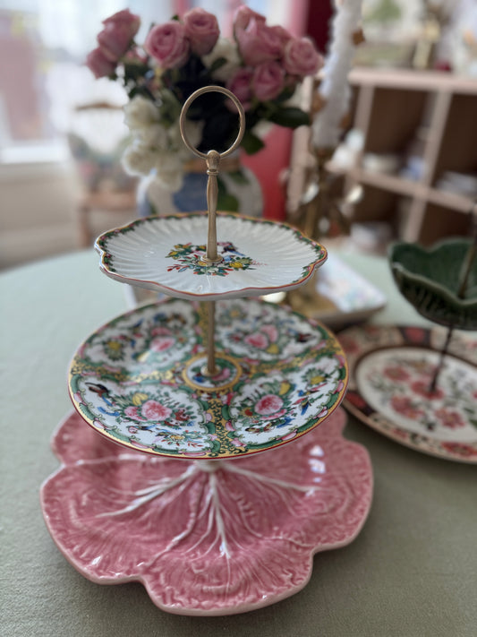 Famille Rose and Bordallo Pink Cabbage Three Tiered Custom Stand