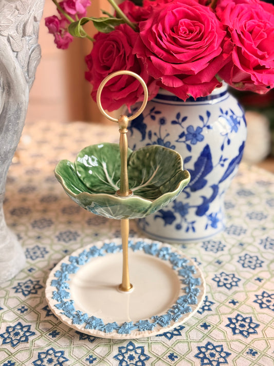 Wedgwood Queensware & Bordallo Cabbage Petite Tiered Stand – Blue White Vintage Inspired Jewelry & Dessert Stand, 6.5” Base