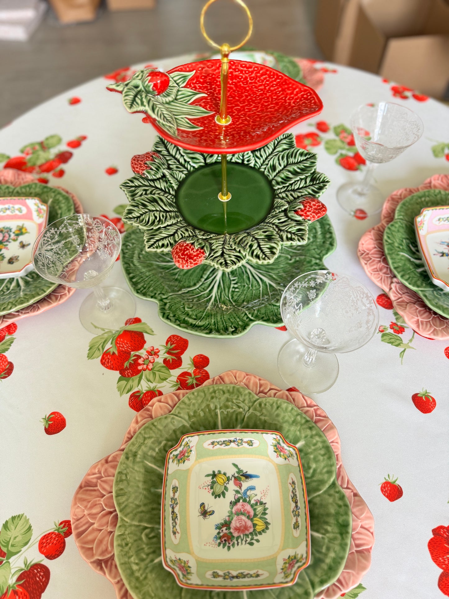 Bordallo Pinheiro Strawberry Three Tiered Stand with 12” Cabbage 🥬 base
