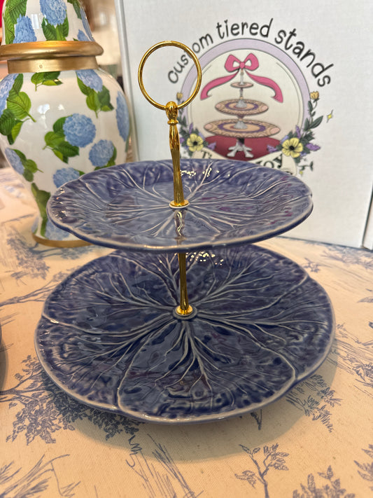 Blue Cabbageware Two Tiered Stand - Made in Portugal (10.5” base)