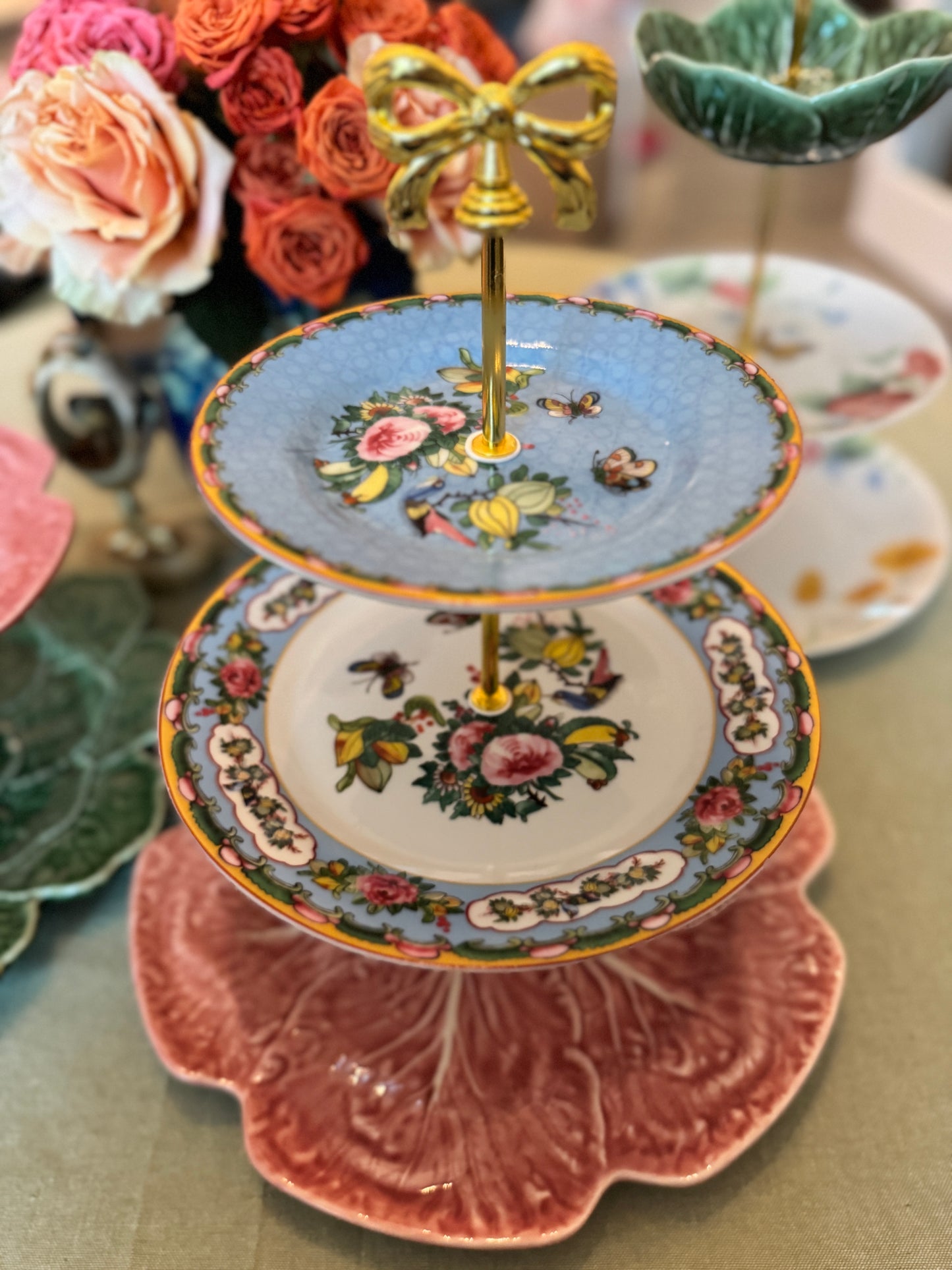 Handcrafted Tiered Stand with Bordallo Pink Cabbage Charger & Williams Sonoma Famille Rose Plates – 3-Tier Serving Tray