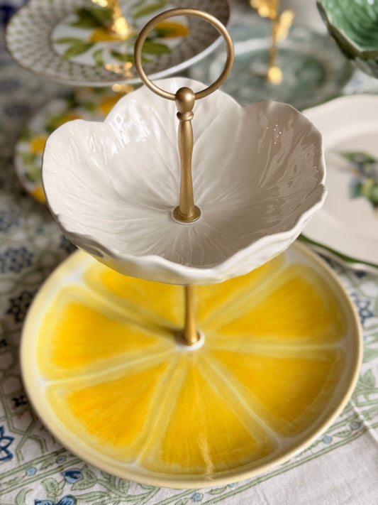 Lemon Slice Tiered Stand with Cream Cabbage Top – 2 Tier Serving Stand
