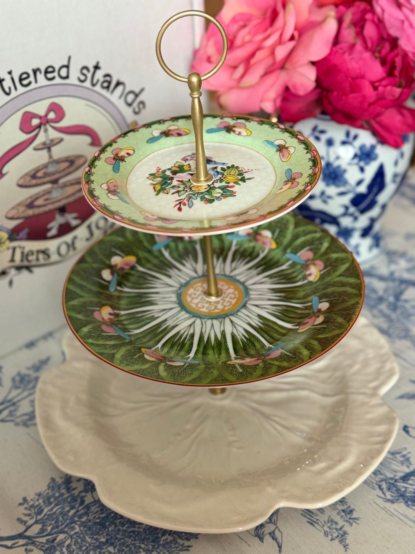 Williams Sonoma Famille Rose, Green Bok Choy and Beige Bordallo Three Tiered Stand - 12” base