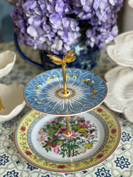 Famille Rose Blue Bok Choy and Yellow Rim Two Tiered stand (9.5” base)