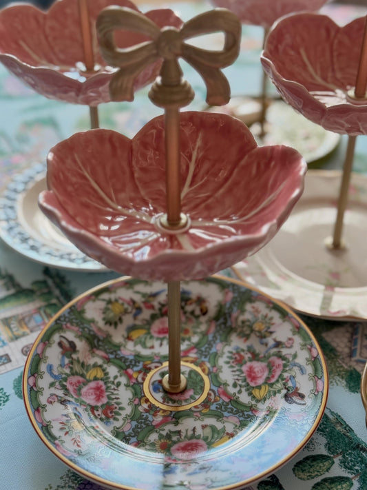 Bordallo Pink Cabbage and Famille Rose Petite Tiered Stand- New Plates!