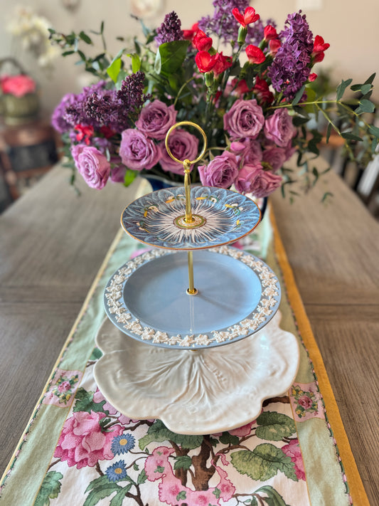Blue Bok Choy, Wedgwood and Bordallo Beige Cabbage Three Tiered Stand (12 inch base)