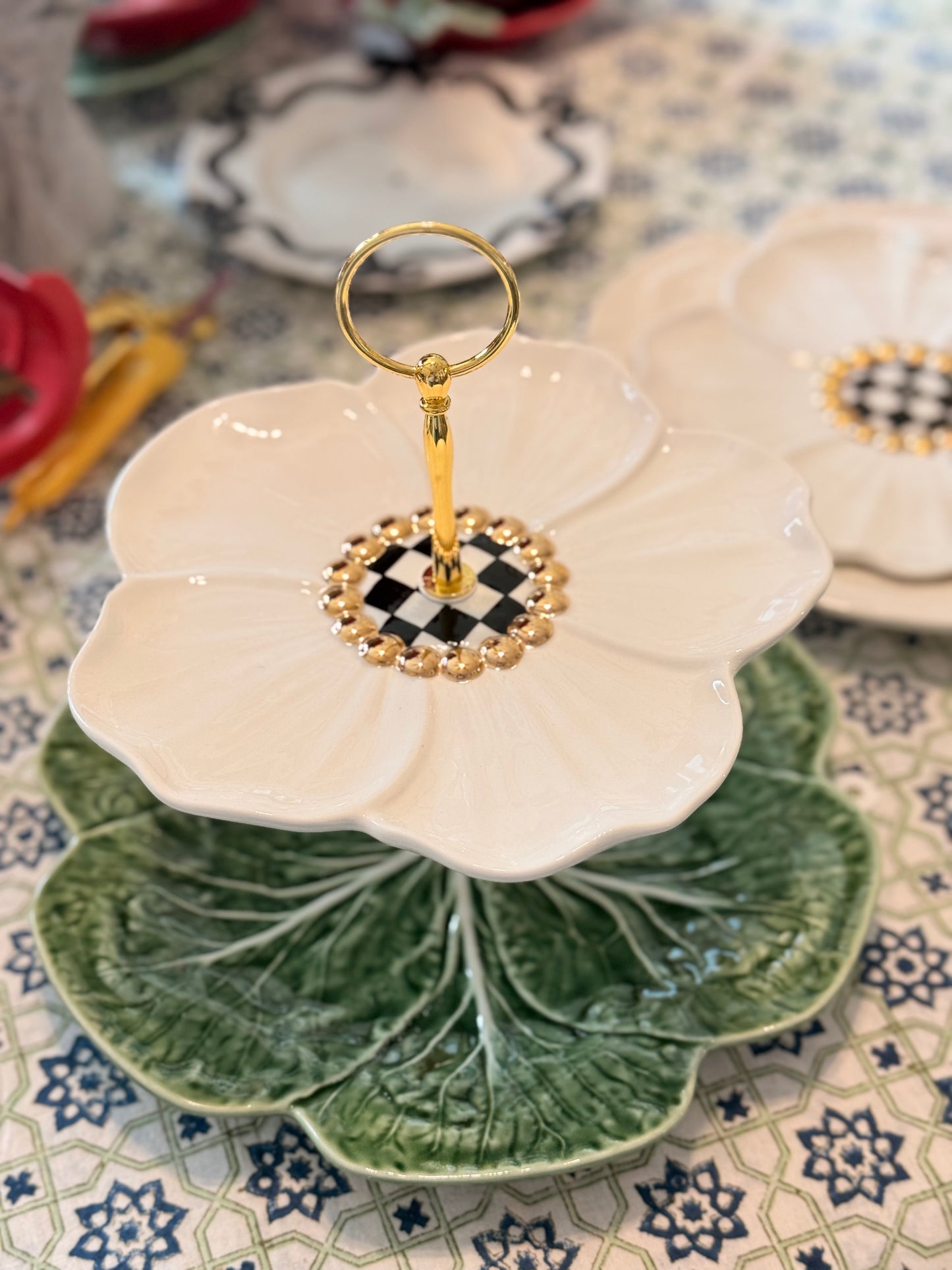Mackenzie Childs and Green Bordallo Cabbage Two Tiered Stand