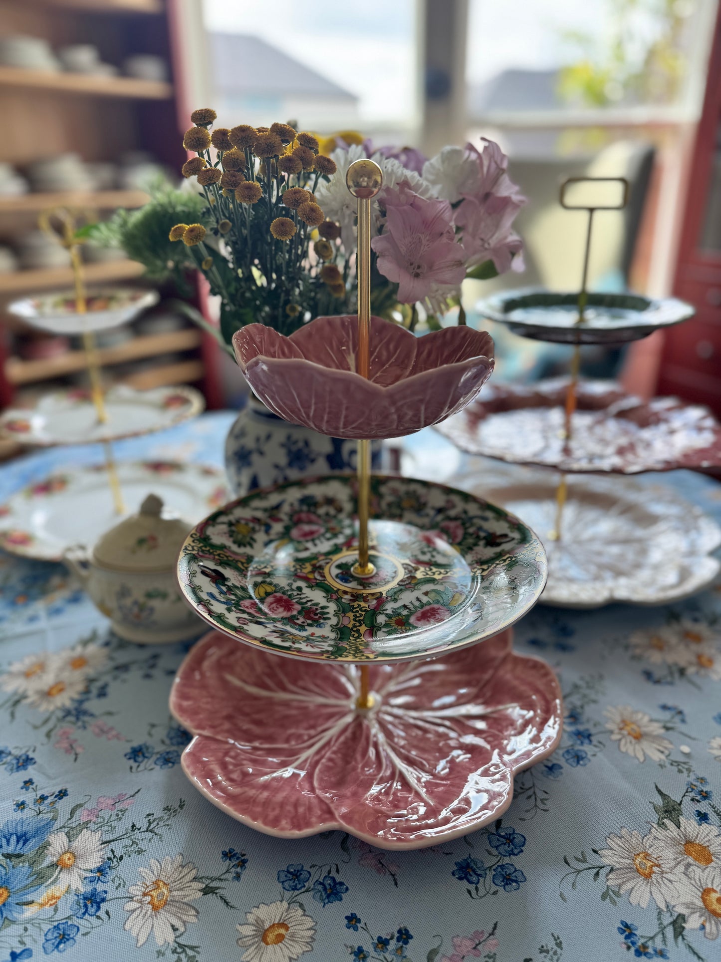 Pink Bordallo and Famille Rose Three Tiered Stand