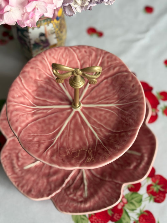 Pink Bordallo Pinheiro Cabbage Tiered Stand with Bow Hardware | Handcrafted Serving Stand | 10.5 Inch Base Plate