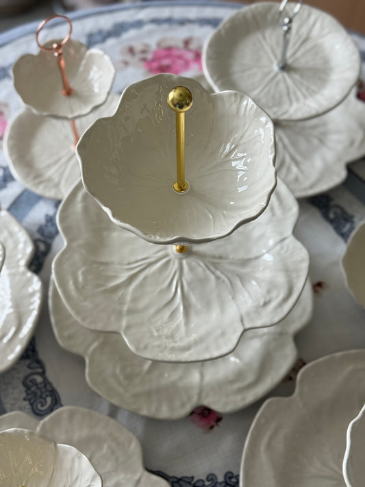 Bordallo Beige Cabbage Three Tiered Serving Stand - 12” Base Charger