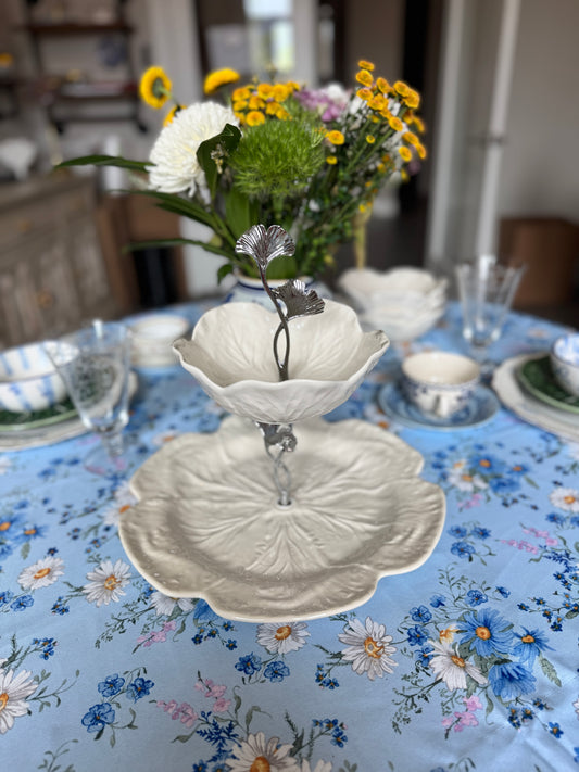 Cream Bordallo Pinheiro Cabbage Two Tiered Stand– 12” Charger