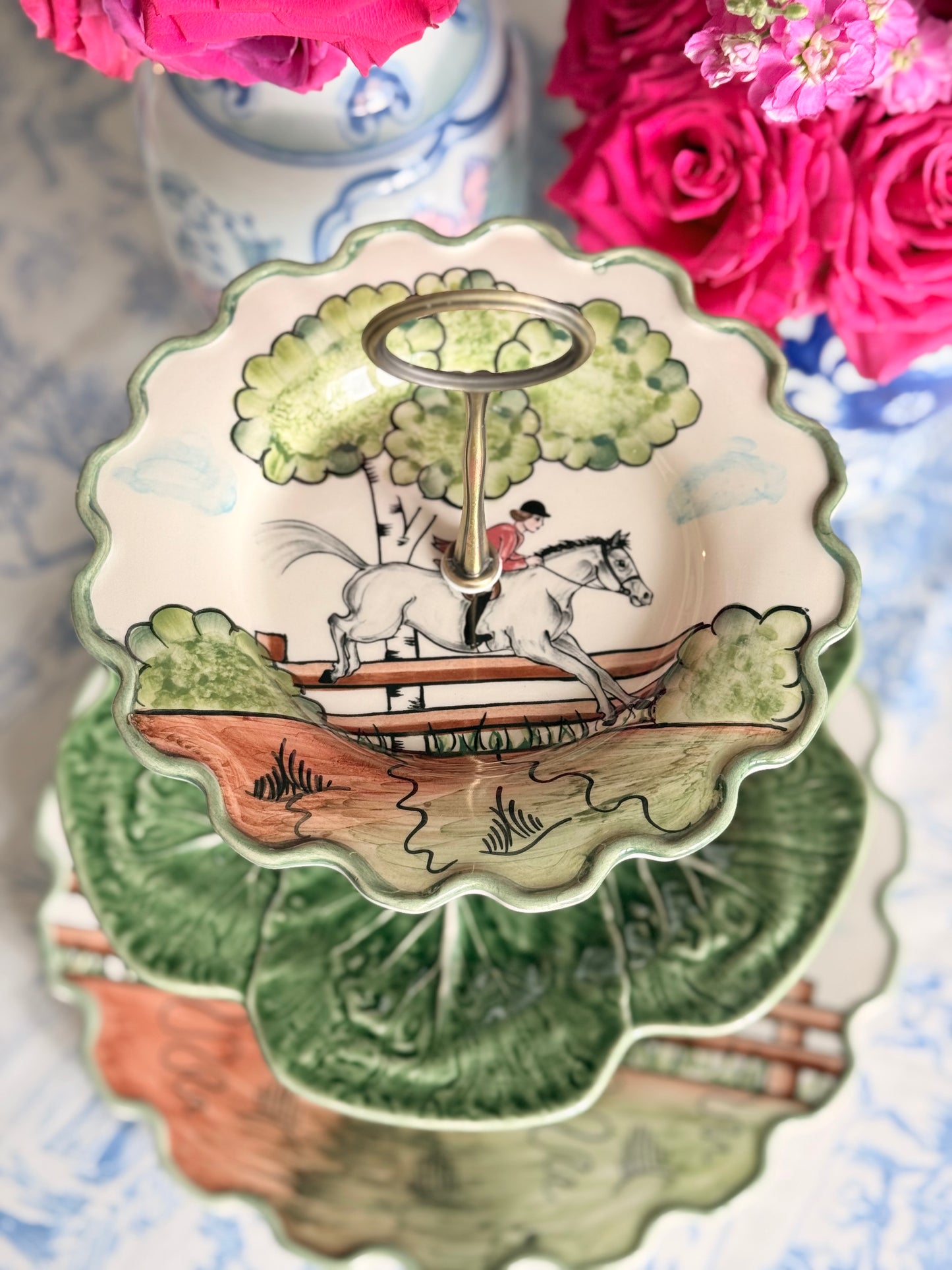 Oversized Equestrian Tiered Stand- CE Corey Perfect Day and Bordallo Cabbage (13.5” Statement Serving Stand)