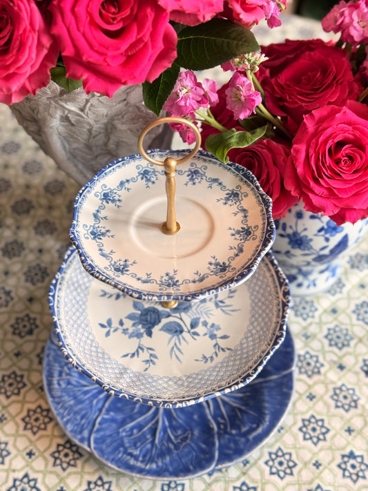 Blue & White Chinoiserie Tiered Stand with Bordallo Pinheiro Blue Cabbage Base – Handcrafted Food Safe Serving Stand | Made in Portugal