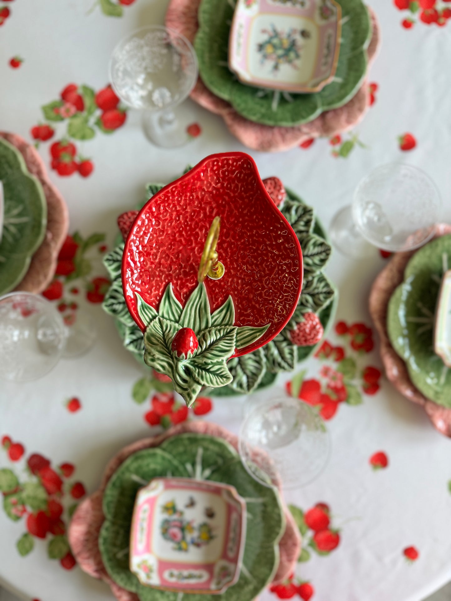Bordallo Pinheiro Strawberry Three Tiered Stand with 12” Cabbage 🥬 base