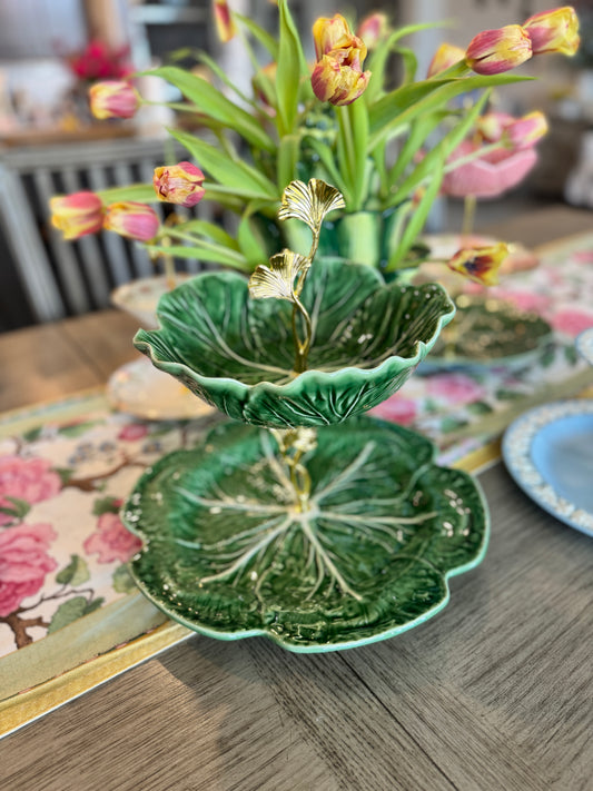Handmade two-tiered stand made from Bordallo Pinheiro cabbageware with green leaf bowl and charger plate