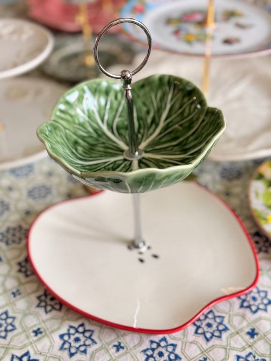 Bordallo Pinheiro Green Cabbage & West Elm Apple Dish Two-Tier Stand