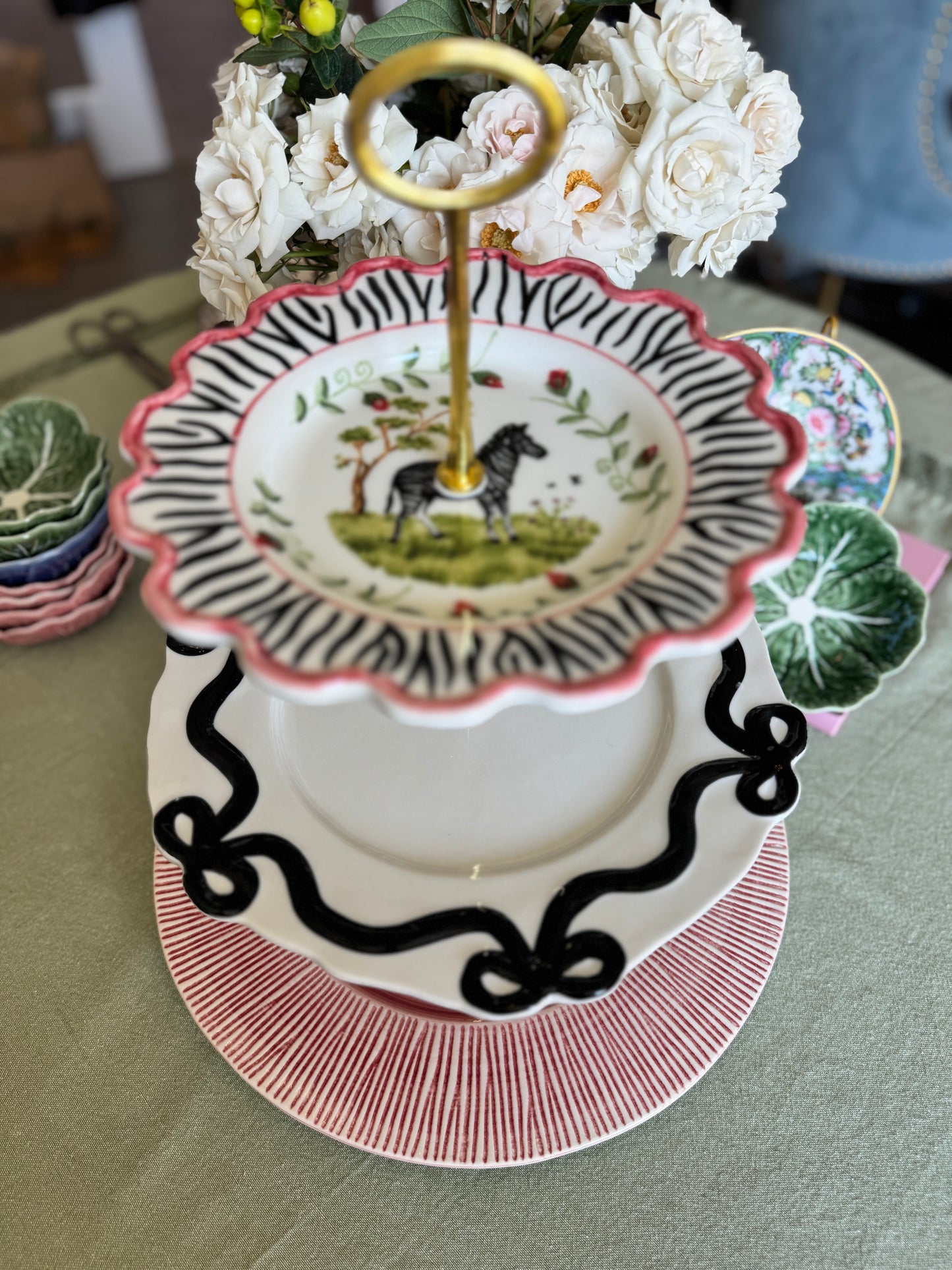 CE Corey Zebra and black bow Three Tiered Stand (13 inch base charger)