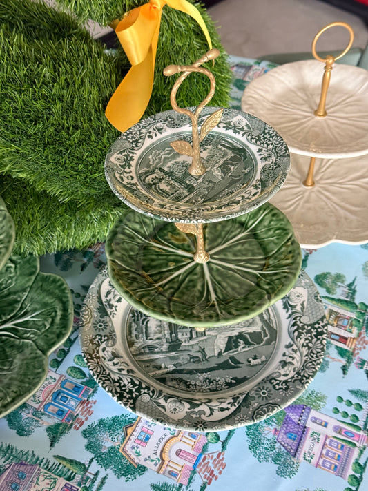 Spode Green Italian and Bordallo Cabbage Three Tiered Serving Stand