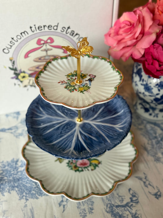 Famille Rose and Blue Cabbage Three Tiered Stand- Handcrafted Stand