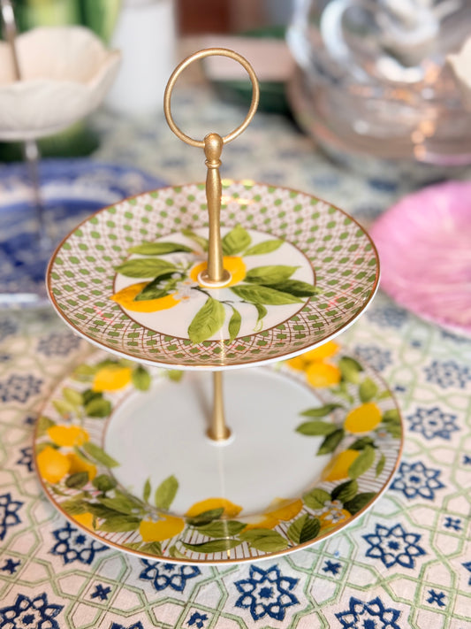 Limone Lemon Tiered Stand – 2 Tier Petite Serving Stand with Gold Handle, Citrus Kitchen Decor, 8 Inch Base